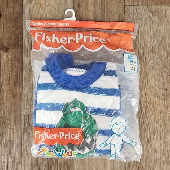 Vintage 1995‎ Fisher-Price Toddler 2-Piece Pajamas Boys 4T Blue Striped Dinosaur - Picture 1 of 5